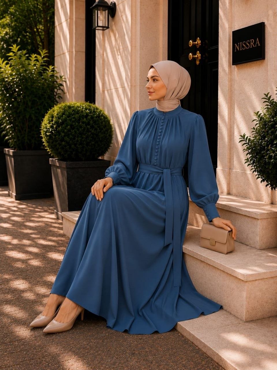 فستان بأكمام رغلان وأزرار مغطّاة